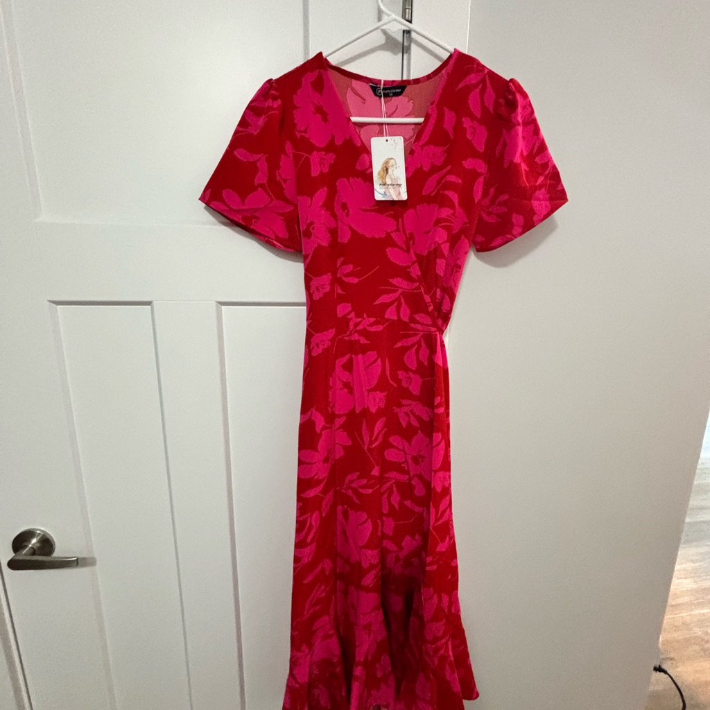 Red And Pink Xs Wrap Midi Dress